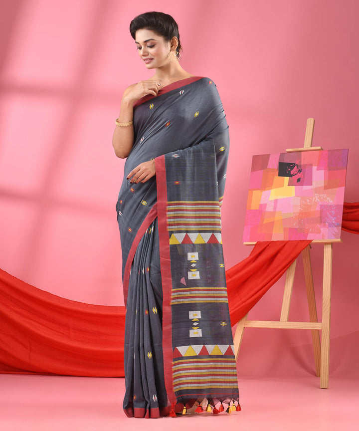 Grey red handwoven bengal cotton saree