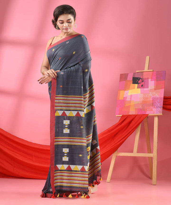 Grey red handwoven bengal cotton saree