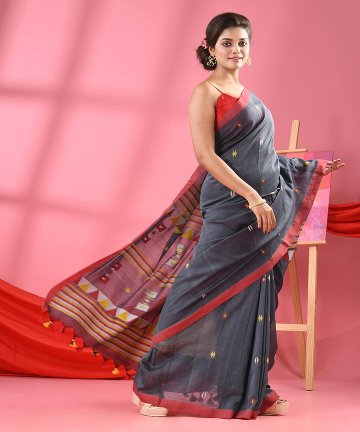 Grey red handwoven bengal cotton saree