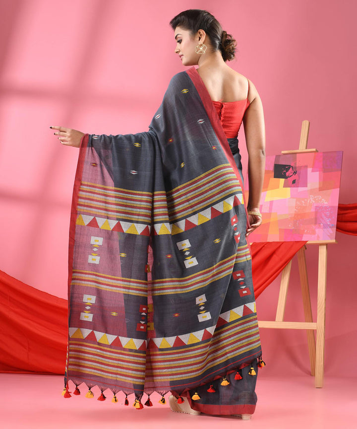 Grey red handwoven bengal cotton saree