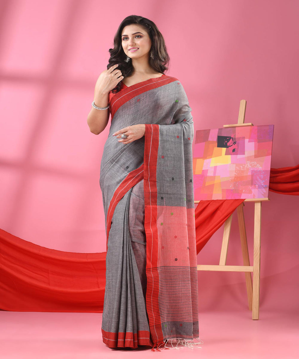 Grey red bengal handwoven cotton saree