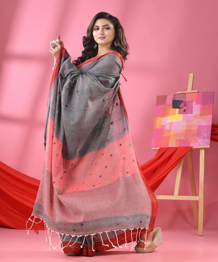 Grey red bengal handwoven cotton saree