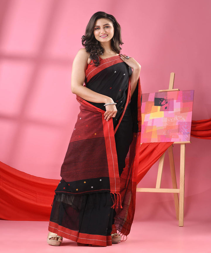 Black red bengal cotton handwoven saree