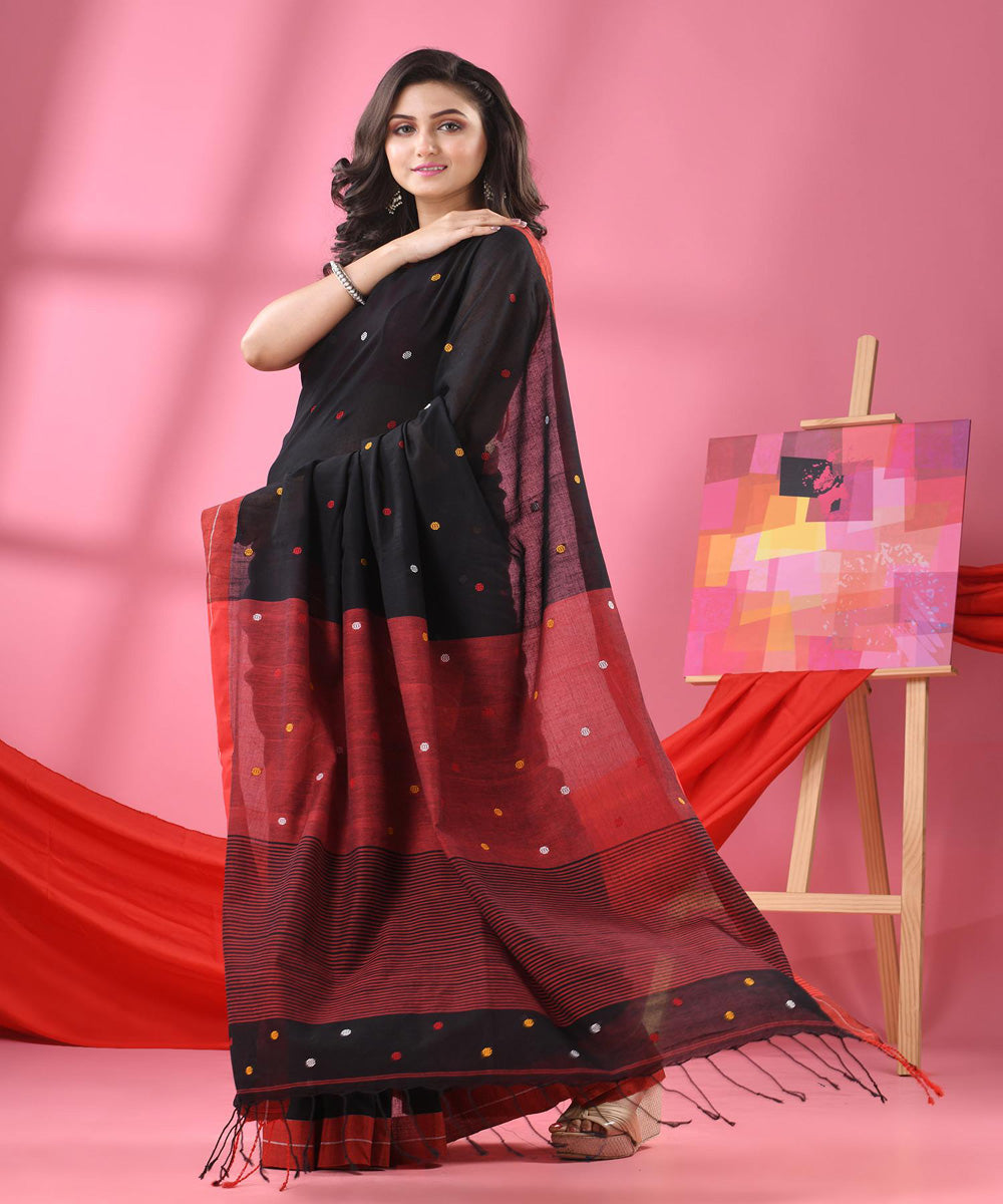 Black red bengal cotton handwoven saree