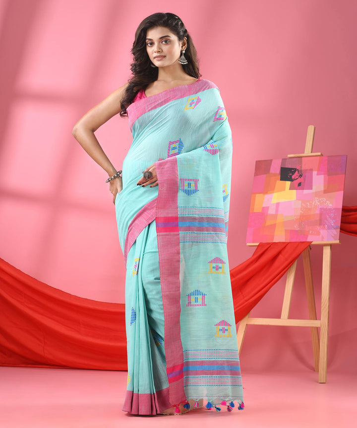 Bright turquoise handloom bengal cotton saree