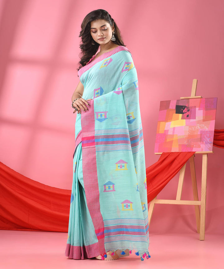 Bright turquoise handloom bengal cotton saree