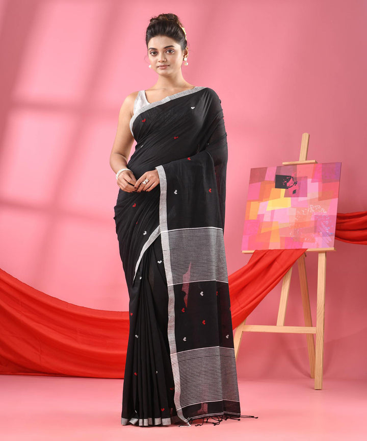 Black offwhite buti handloom bengal cotton saree