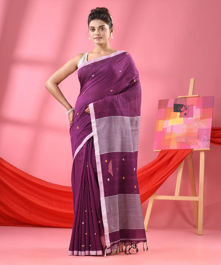 Purple offwhite handloom bengal cotton saree