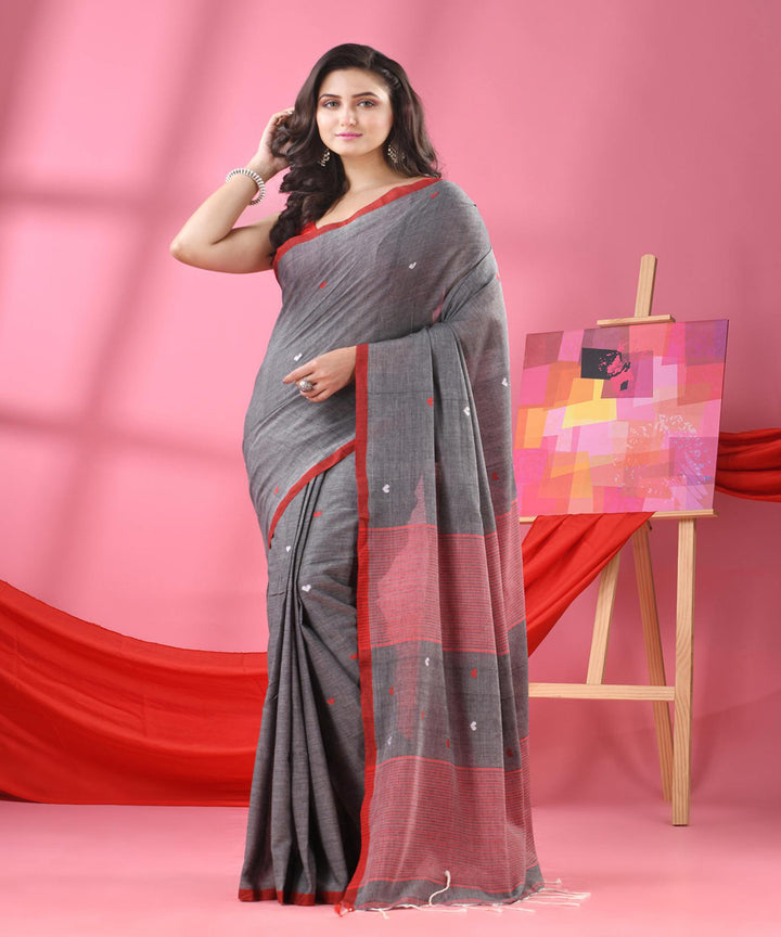 Grey red buti handwoven cotton bengal saree