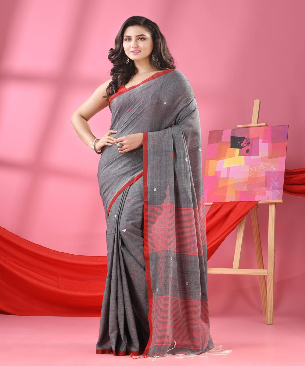 Grey red buti handwoven cotton bengal saree