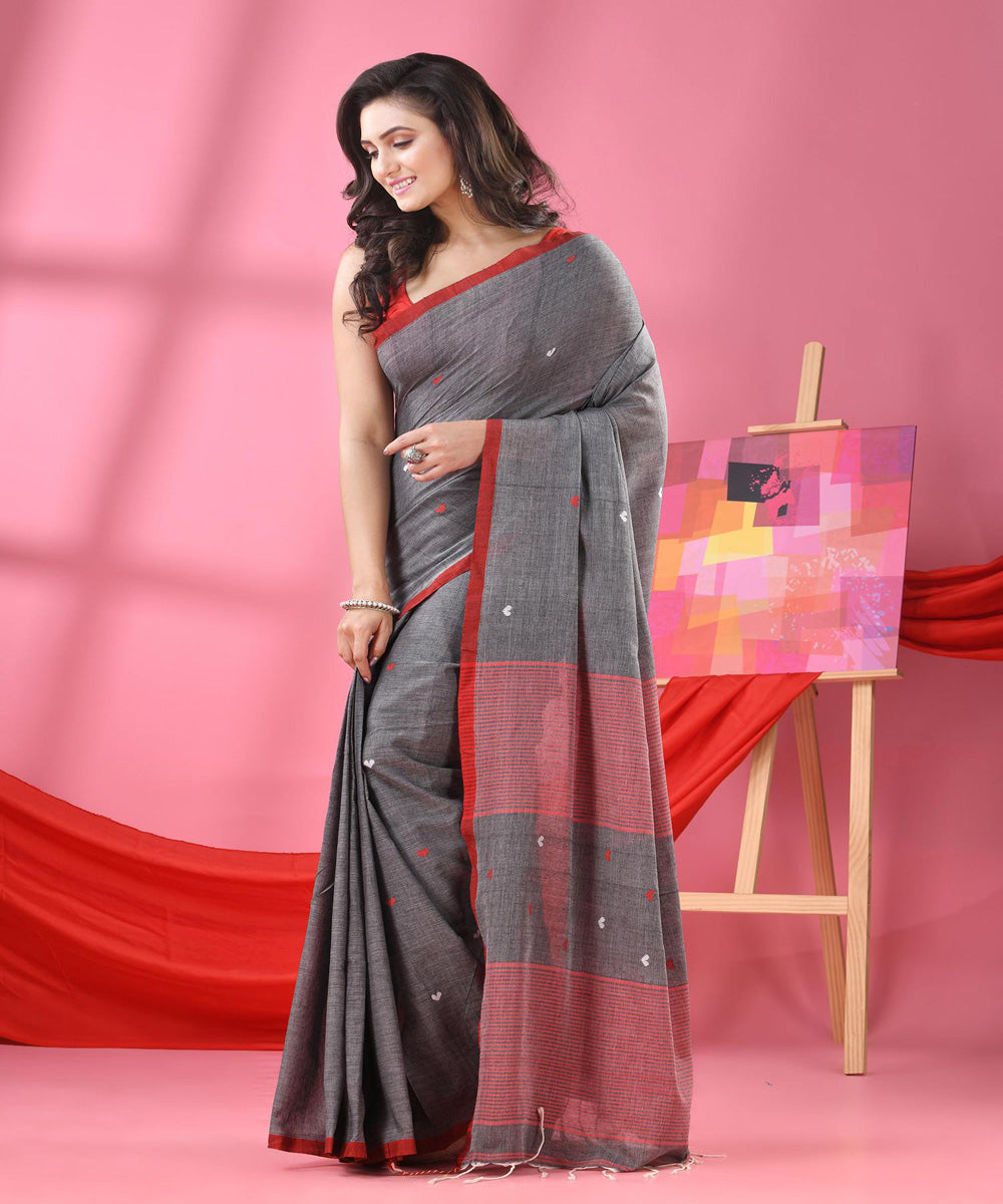 Grey red buti handwoven cotton bengal saree