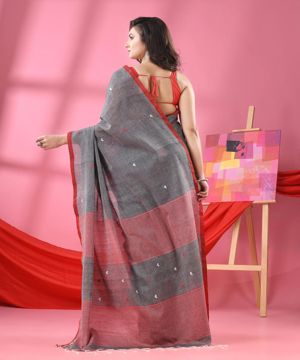 Grey red buti handwoven cotton bengal saree