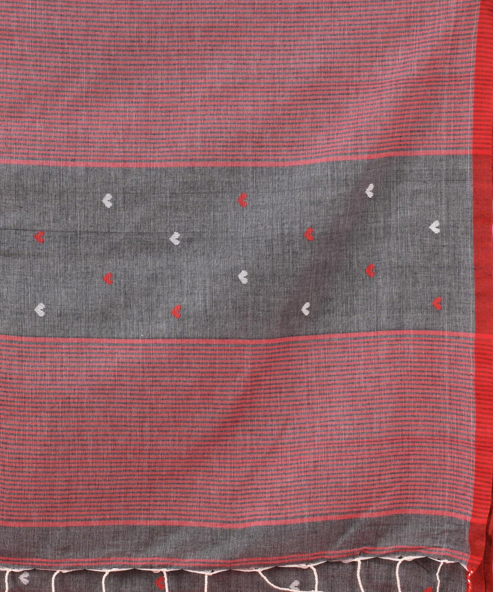 Grey red buti handwoven cotton bengal saree