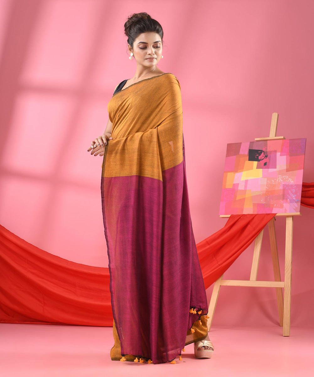 Golden magenta handloom bengal cotton saree