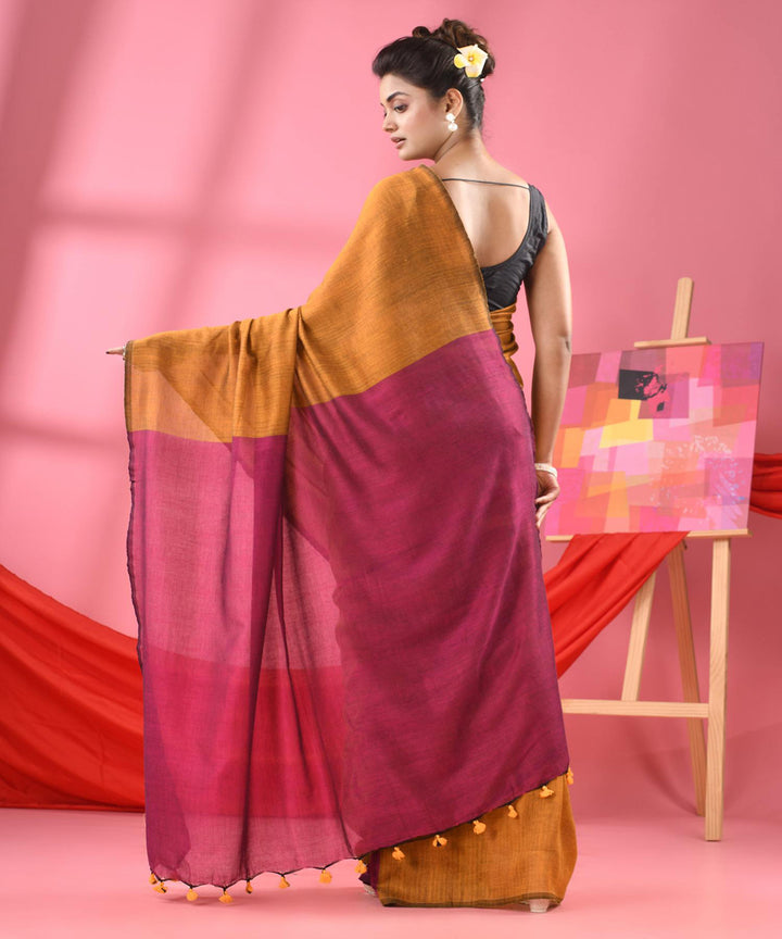 Golden magenta handloom bengal cotton saree