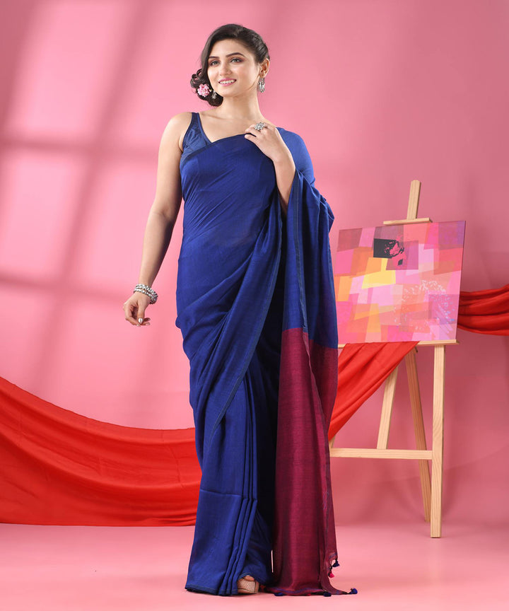 Blue maroon handloom bengal cotton saree