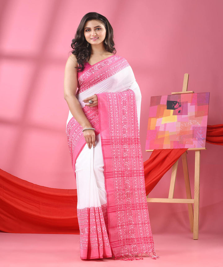 White pink handloom begumpuri cotton saree