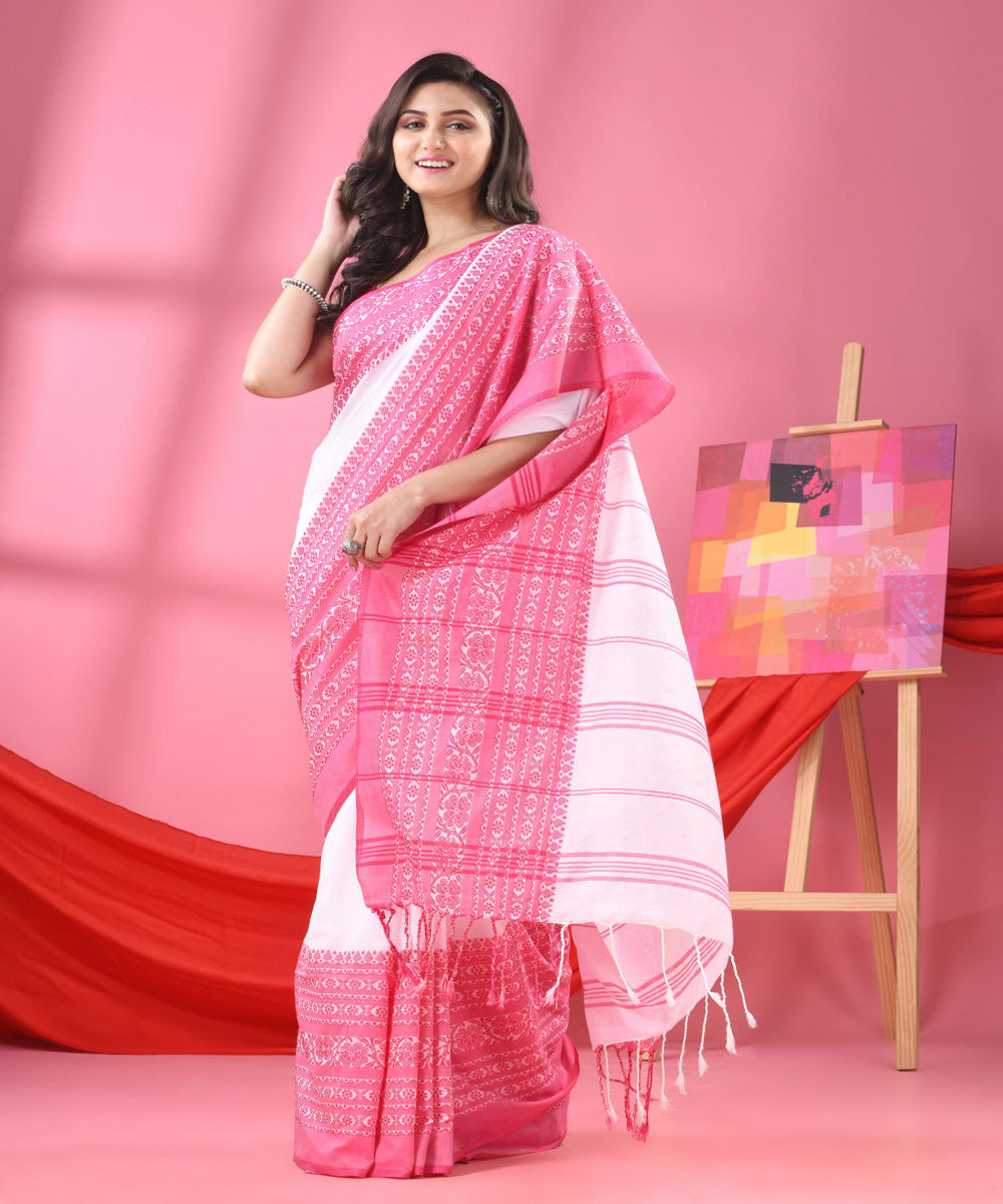 White pink handloom begumpuri cotton saree