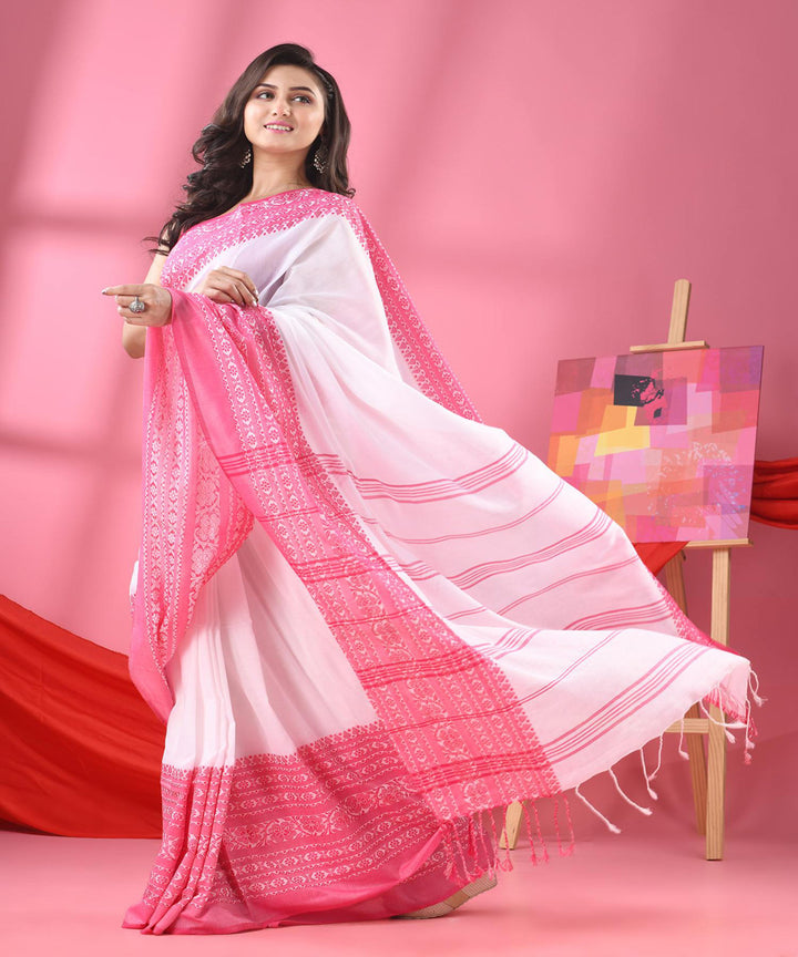 White pink handloom begumpuri cotton saree