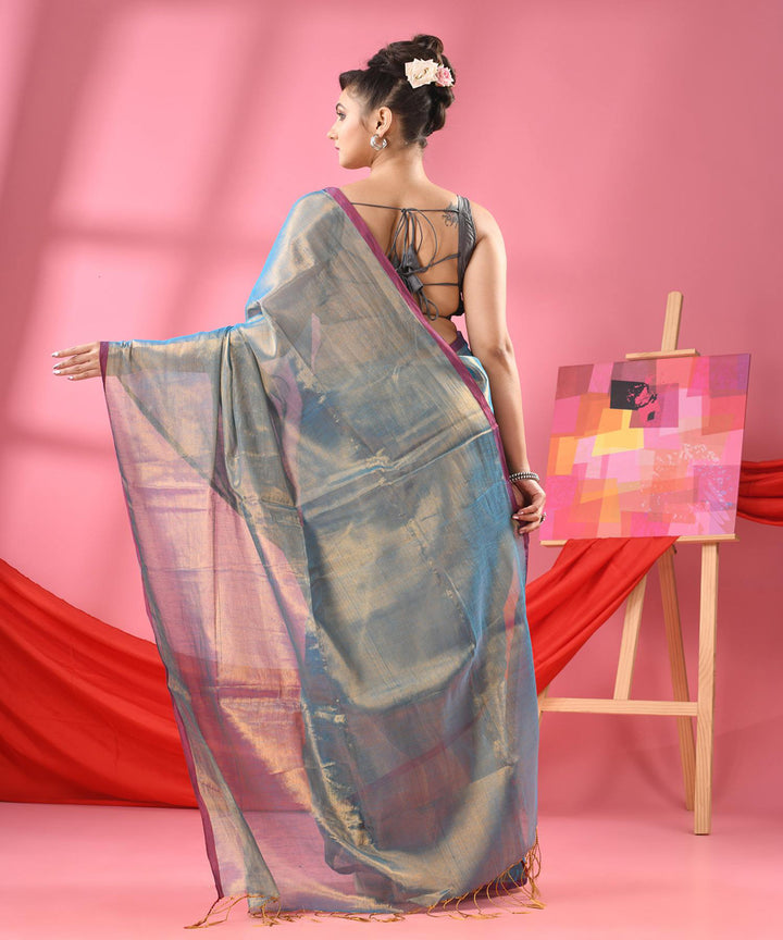 Turquoise red bengal handloom cotton saree