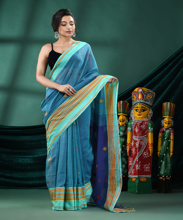 Teal cyan blue handloom cotton bengal saree