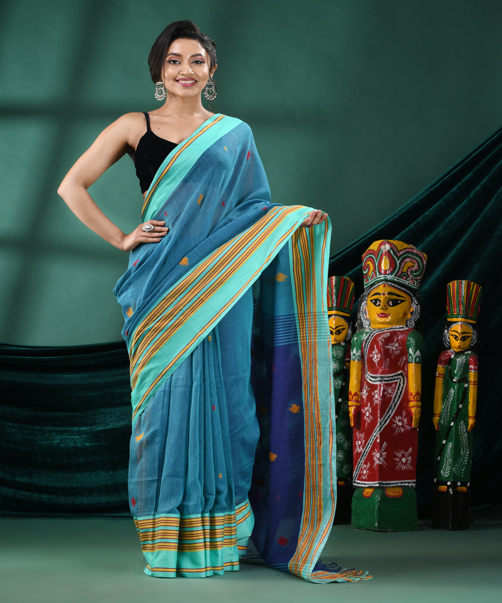 Teal cyan blue handloom cotton bengal saree