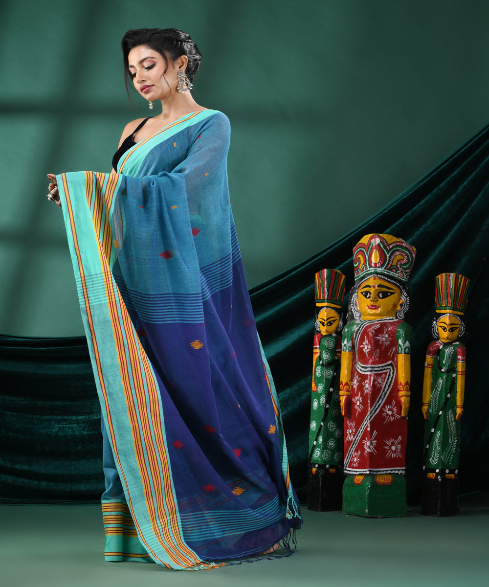 Teal cyan blue handloom cotton bengal saree