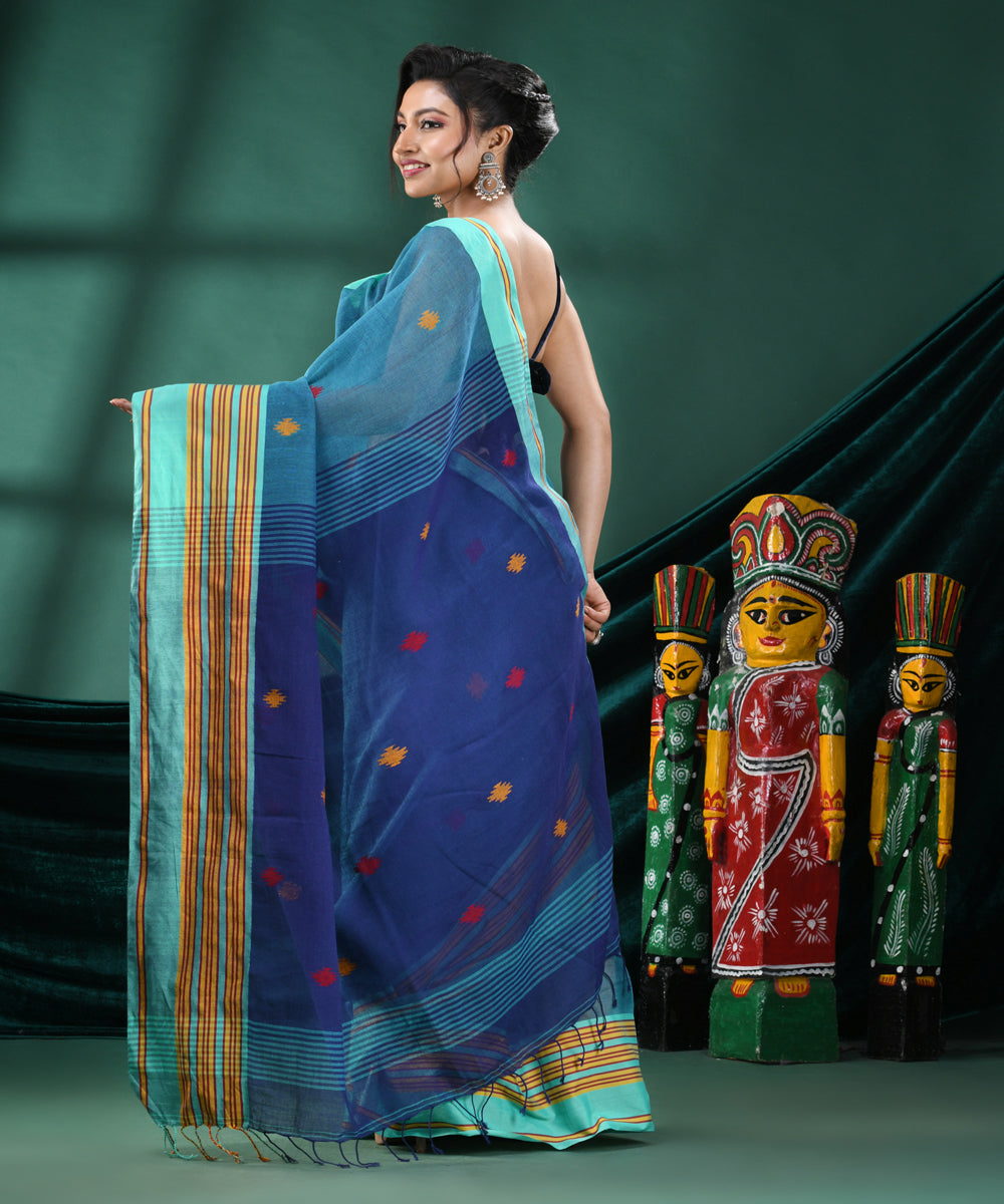 Teal cyan blue handloom cotton bengal saree