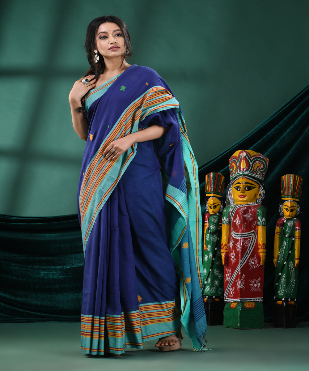 Blue cyan handloom cotton bengal saree