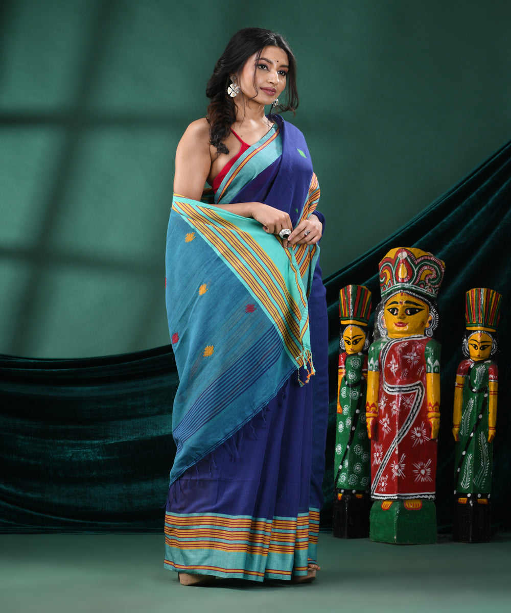 Blue cyan handloom cotton bengal saree