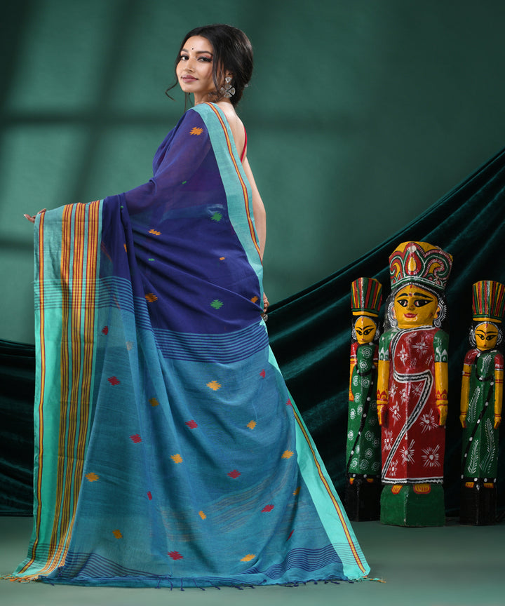 Blue cyan handloom cotton bengal saree