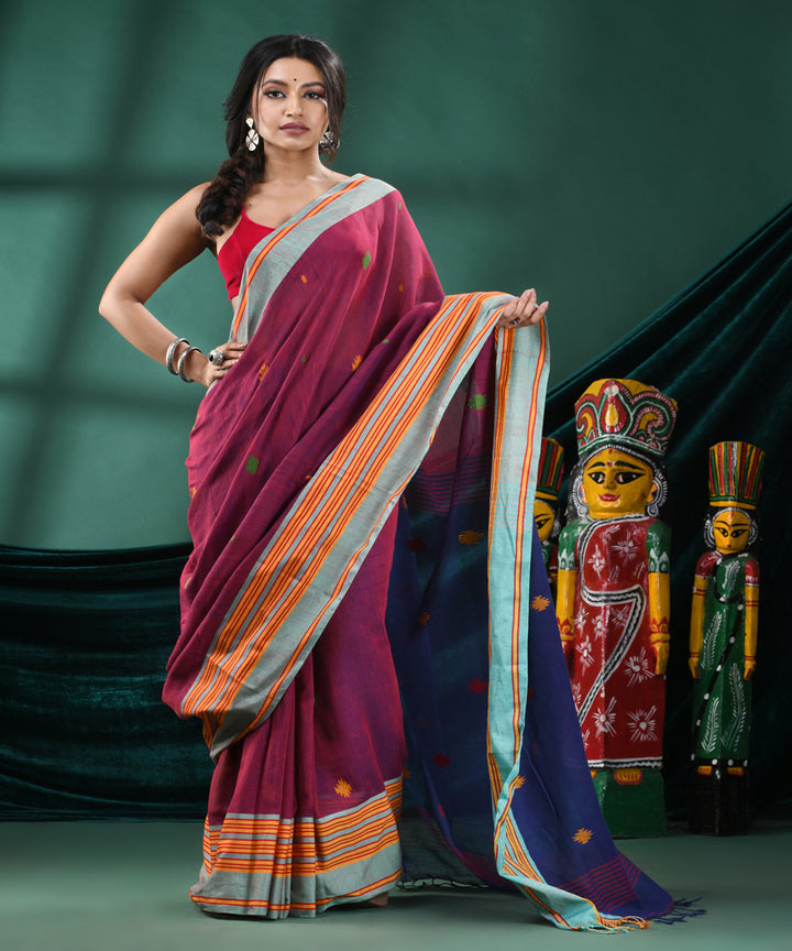 Maroon navy blue handloom cotton bengal saree