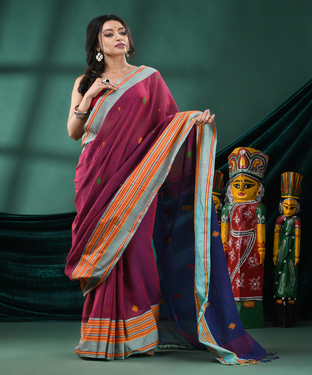 Maroon navy blue handloom cotton bengal saree