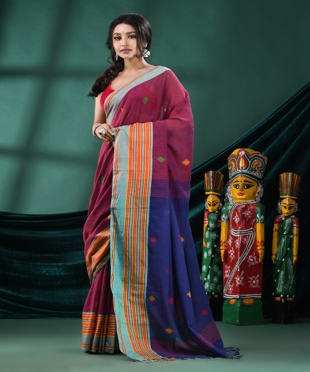 Maroon navy blue handloom cotton bengal saree