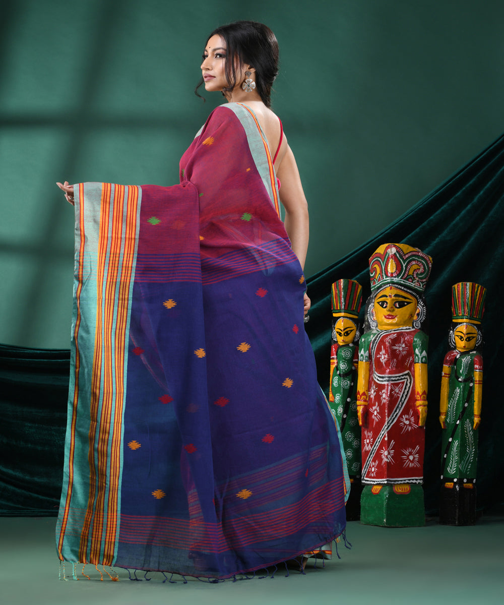 Maroon navy blue handloom cotton bengal saree