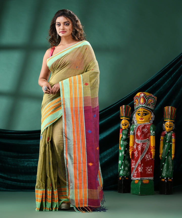 Olive green handloom cotton bengal saree