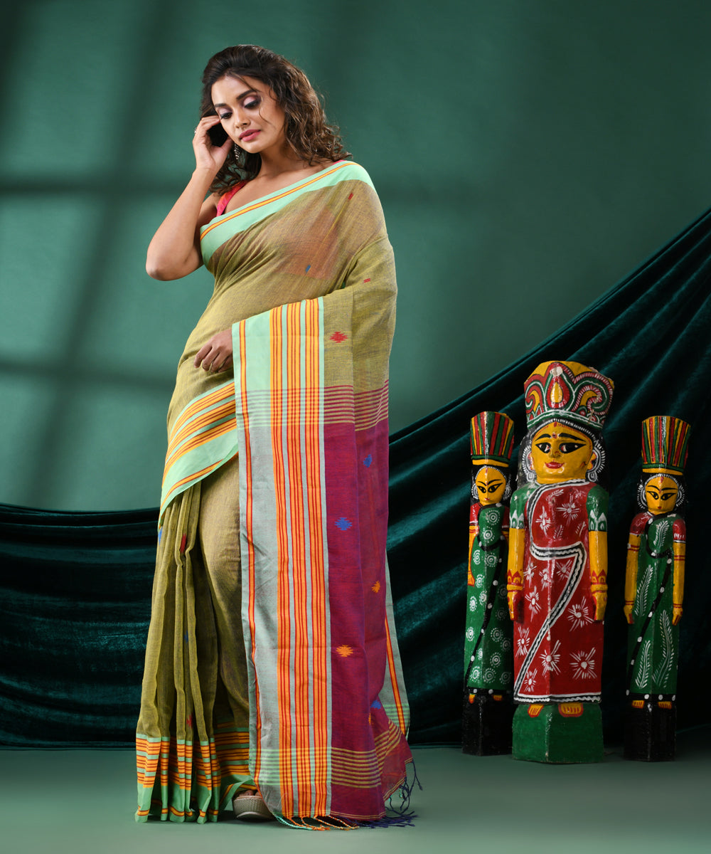 Olive green handloom cotton bengal saree