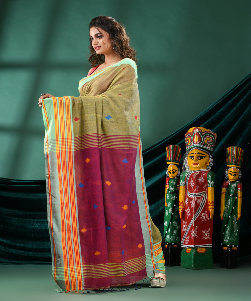 Olive green handloom cotton bengal saree