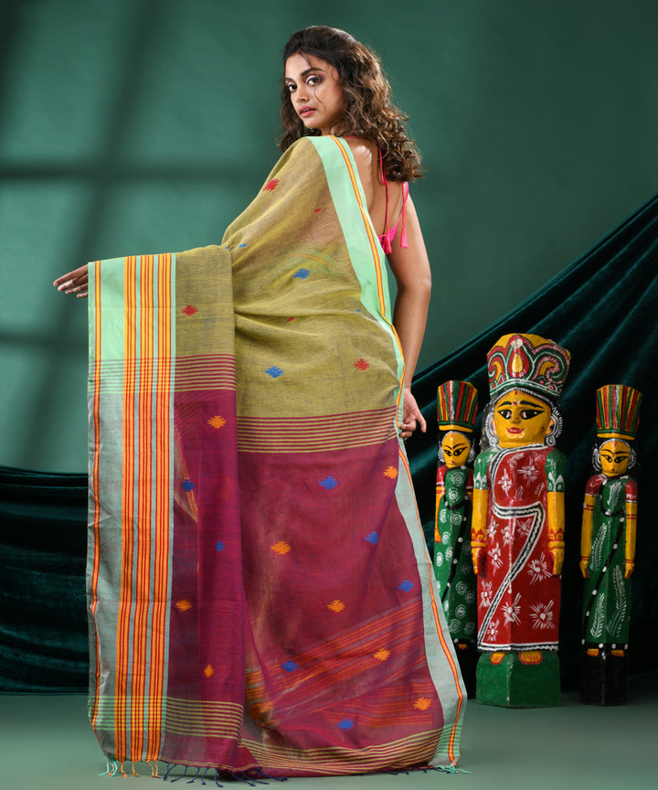 Olive green handloom cotton bengal saree