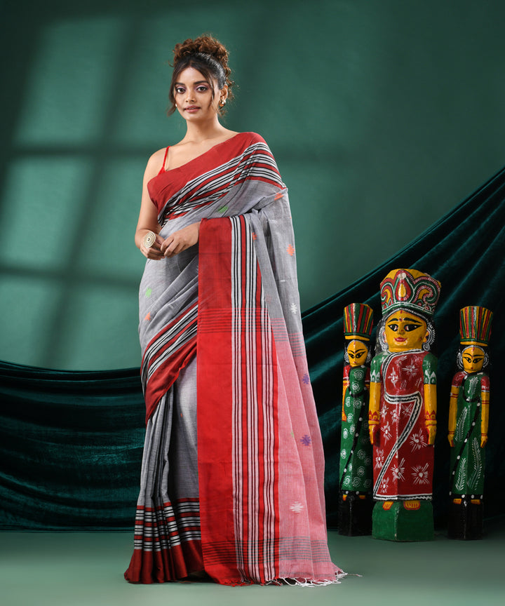 Grey red handloom bengal cotton saree