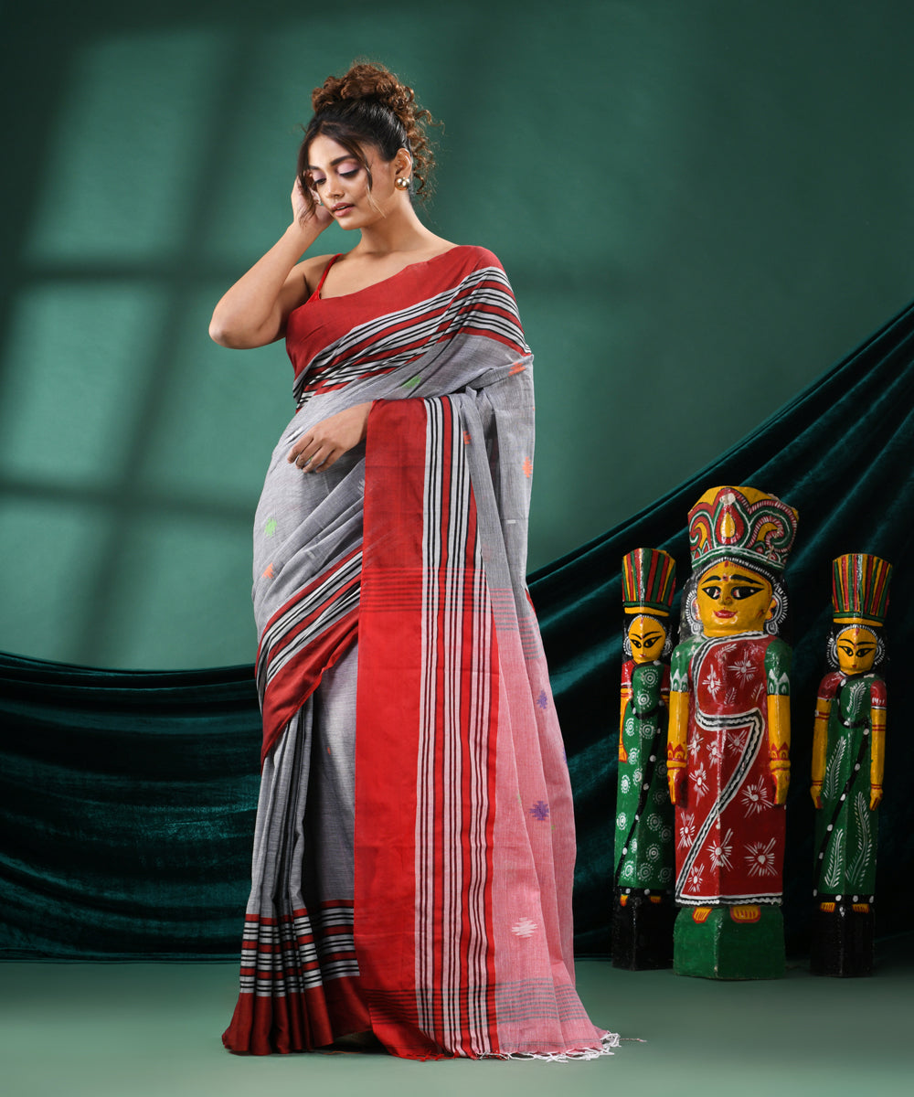 Grey red handloom bengal cotton saree