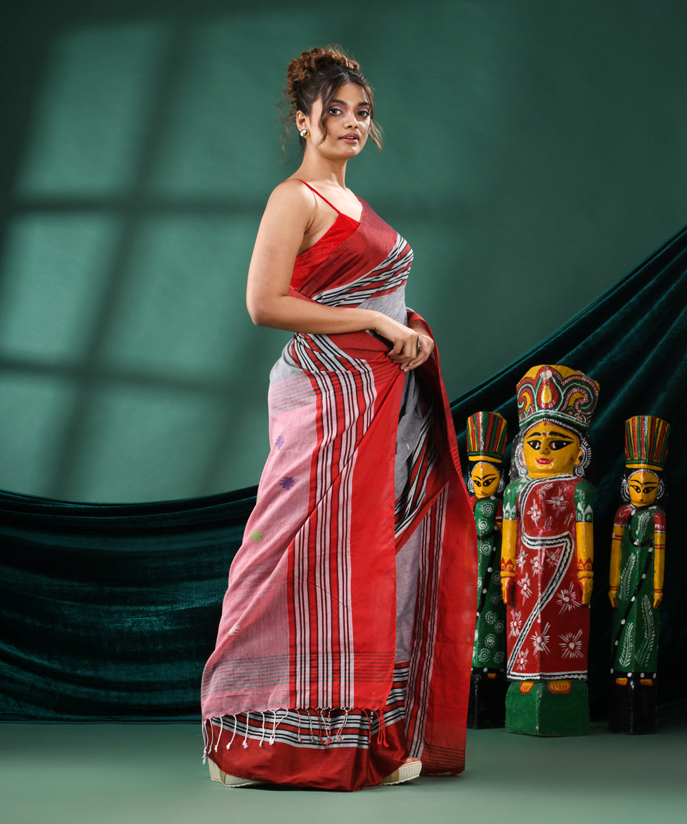 Grey red handloom bengal cotton saree