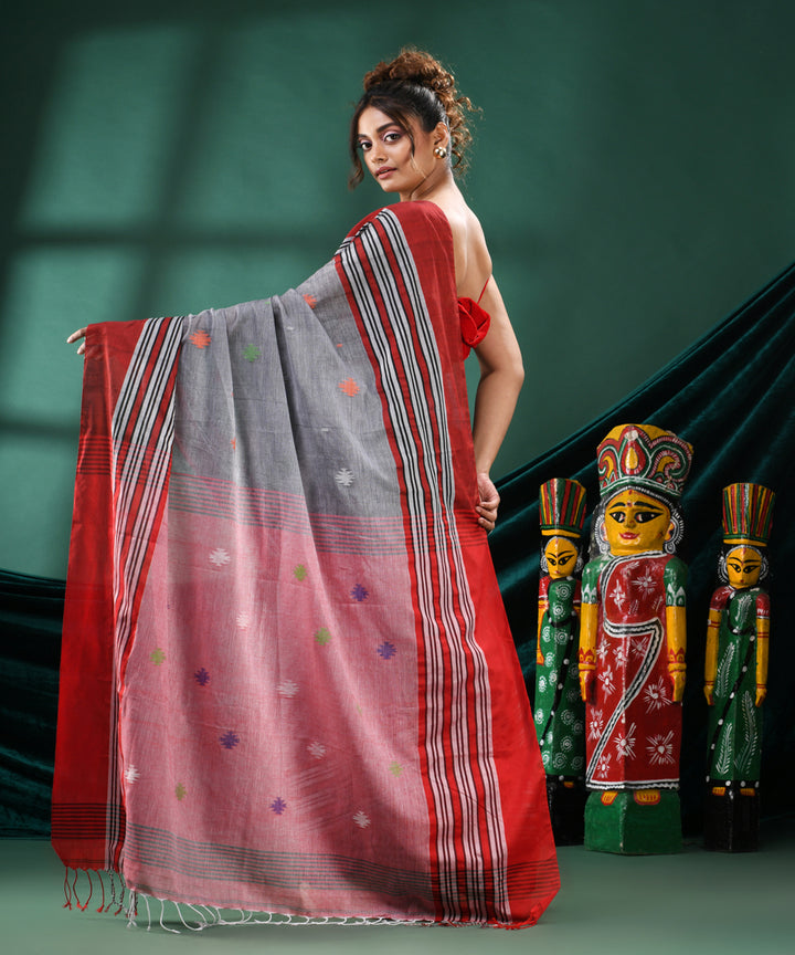 Grey red handloom bengal cotton saree