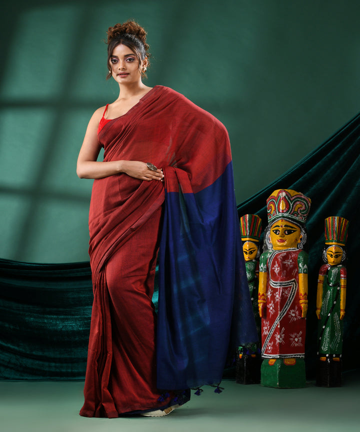 Maroon navy blue handloom bengal cotton saree