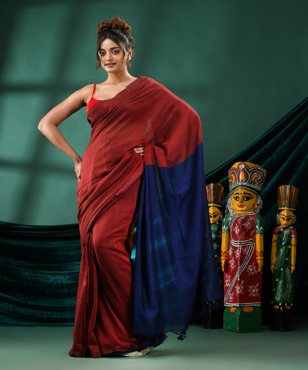 Maroon navy blue handloom bengal cotton saree