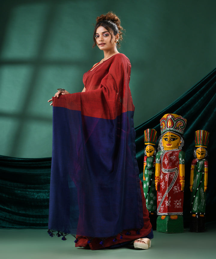 Maroon navy blue handloom bengal cotton saree