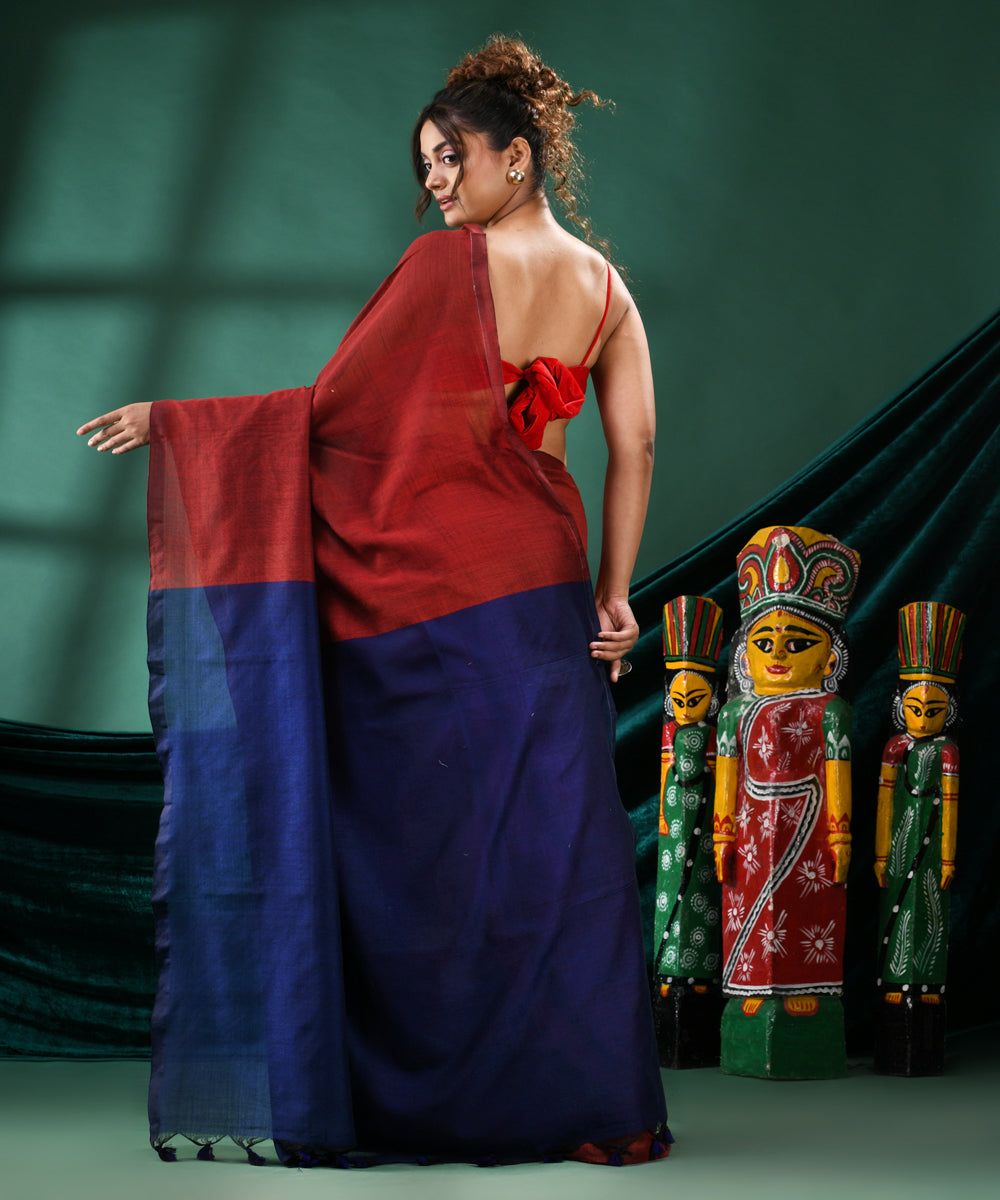 Maroon navy blue handloom bengal cotton saree