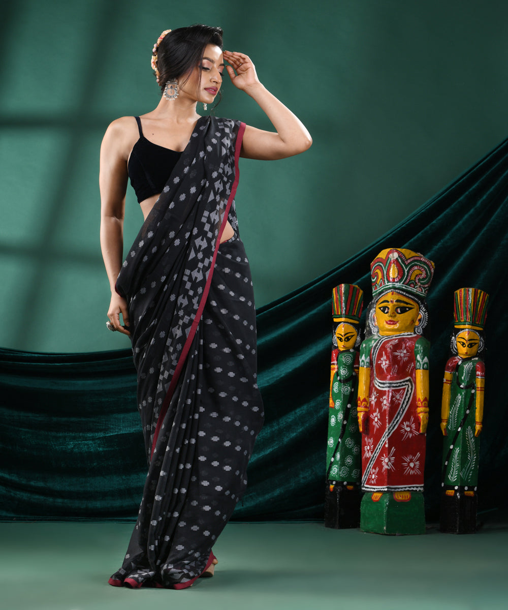 Black offwhite handloom cotton bengal saree