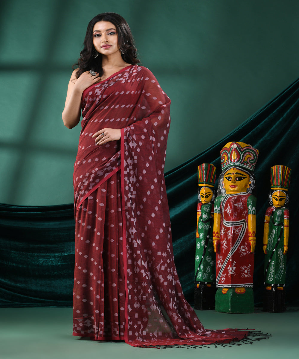 Maroon offwhite handloom cotton bengal saree