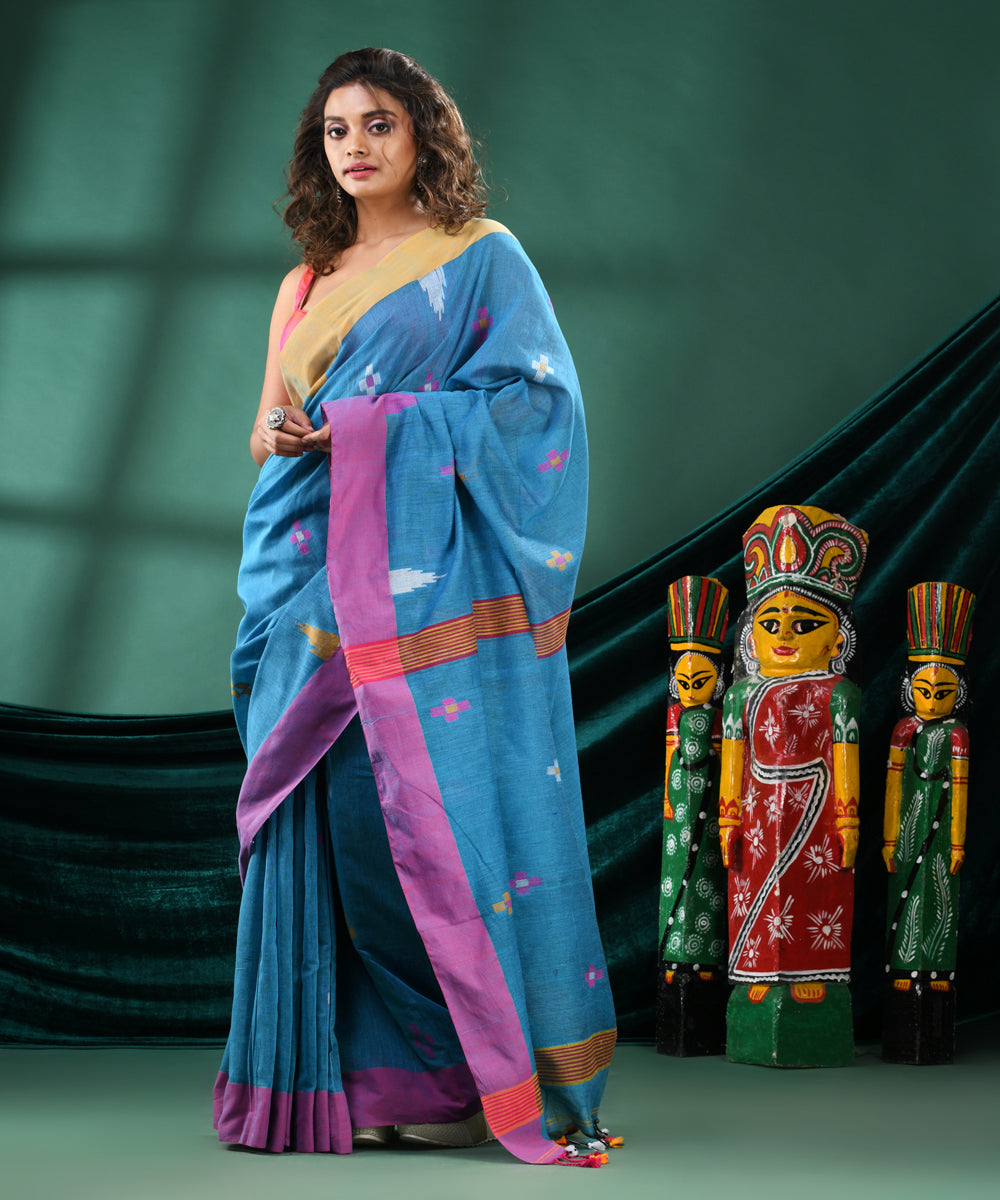 Tuequoise pink handloom cotton bengal saree